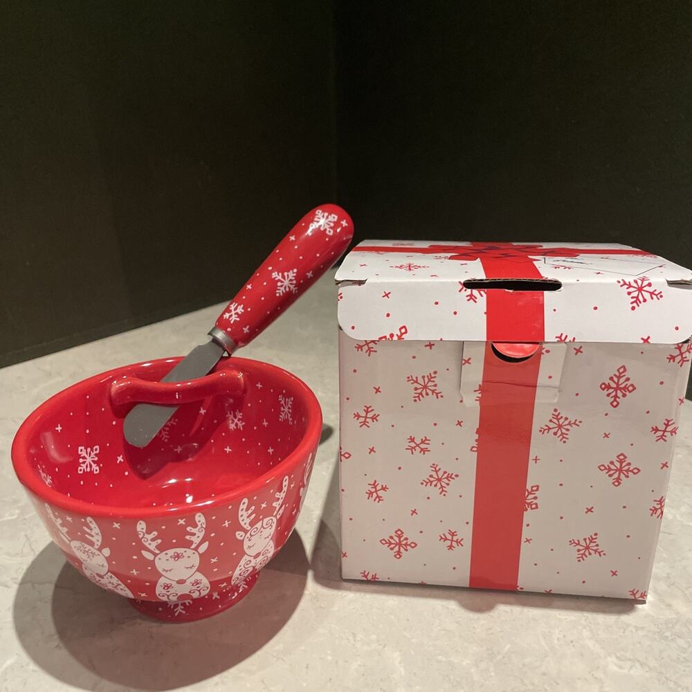 Temp-Tations 4.5" Red Reindeer Pedestal Bowl w Spreader Christmas